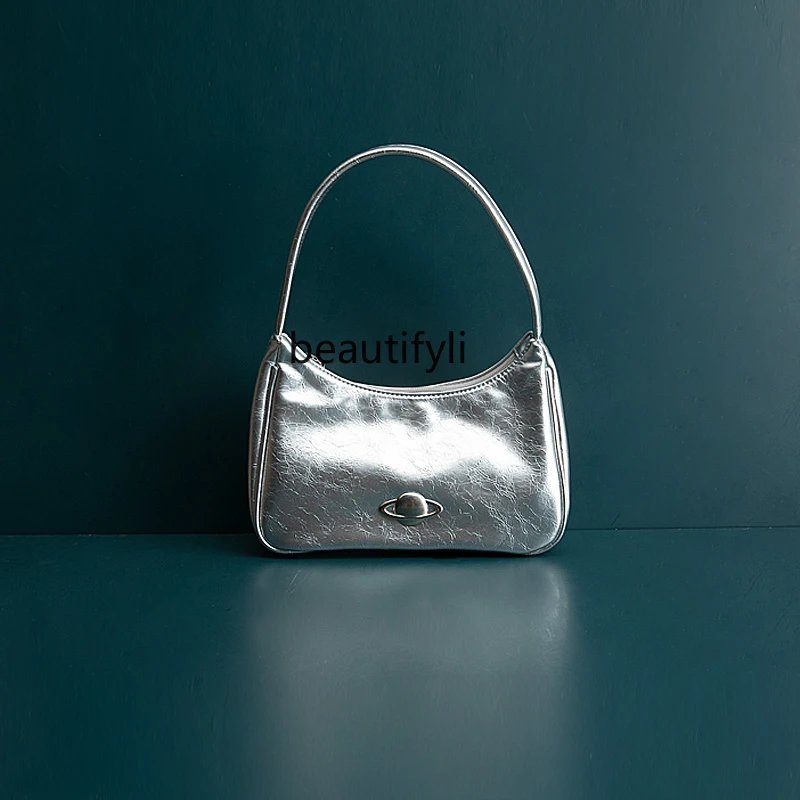 

Genuine Leather Cow Design Silver Crescent Crossbody Handbag Portable