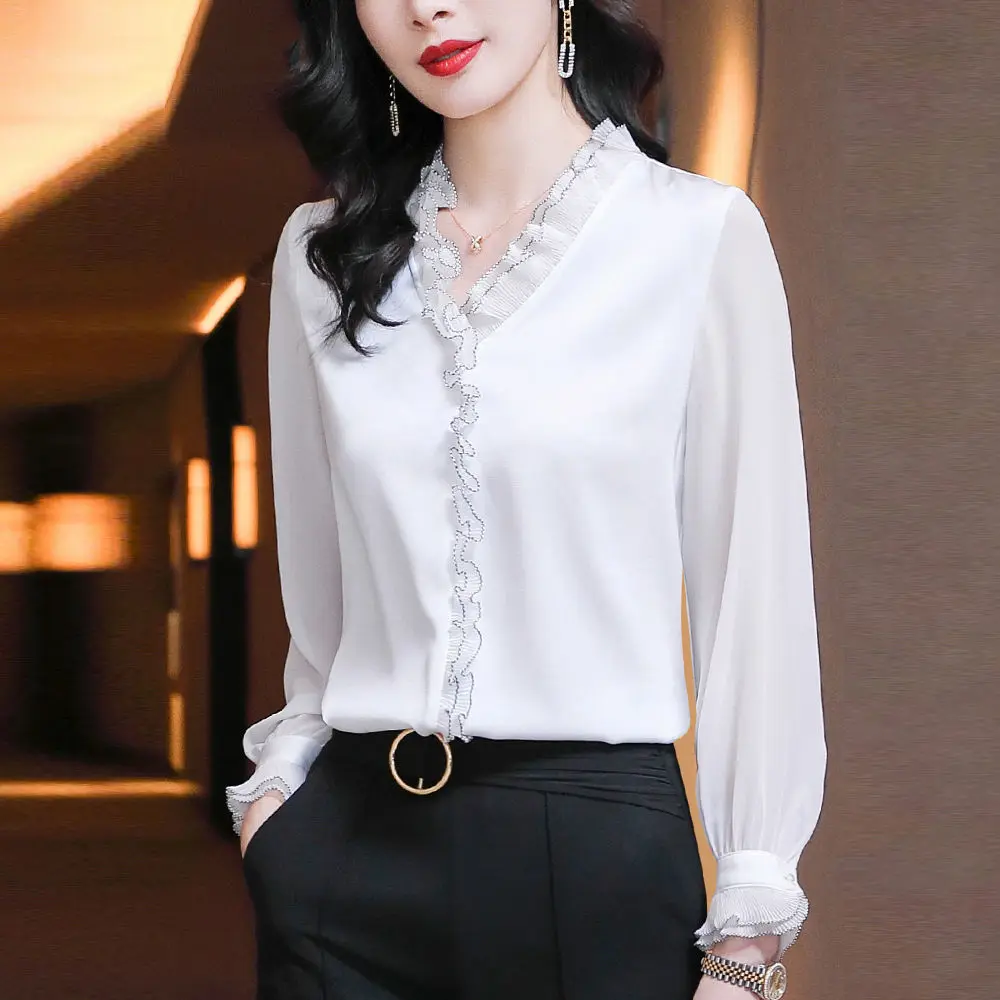Women Lace Ruffles Elegant Chiffon Shirt Office Lady Spring Long Sleeve Vintage Korean Fashion Blouse Simple Top Female Clothes