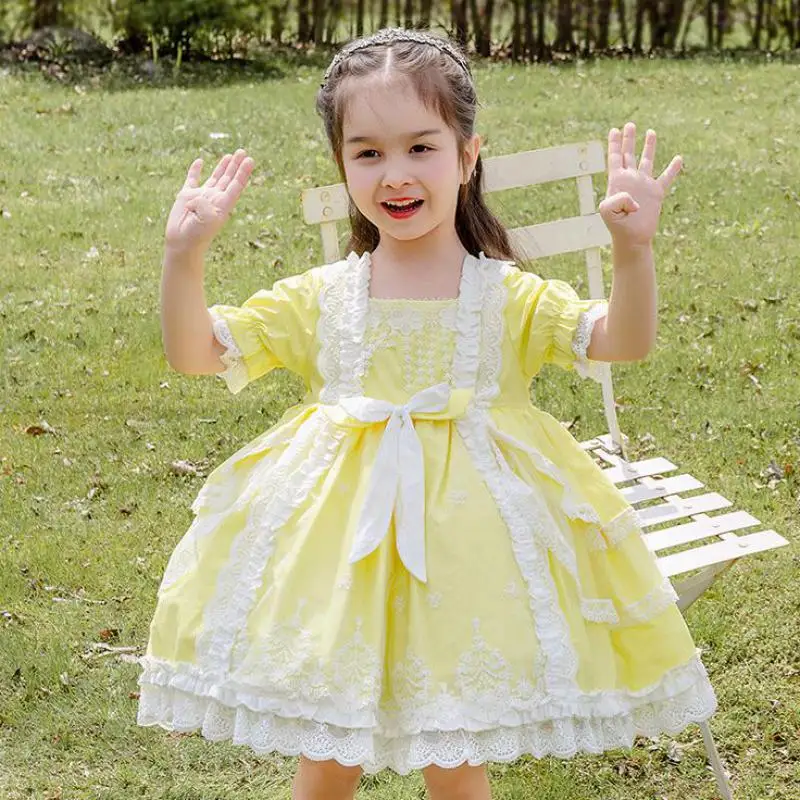 2022 Summer Lolita Dress For Toddler Girls Short Sleeve Ruffle Lace Hem Ball Gowns Children Kids Party Dresses Clothing
