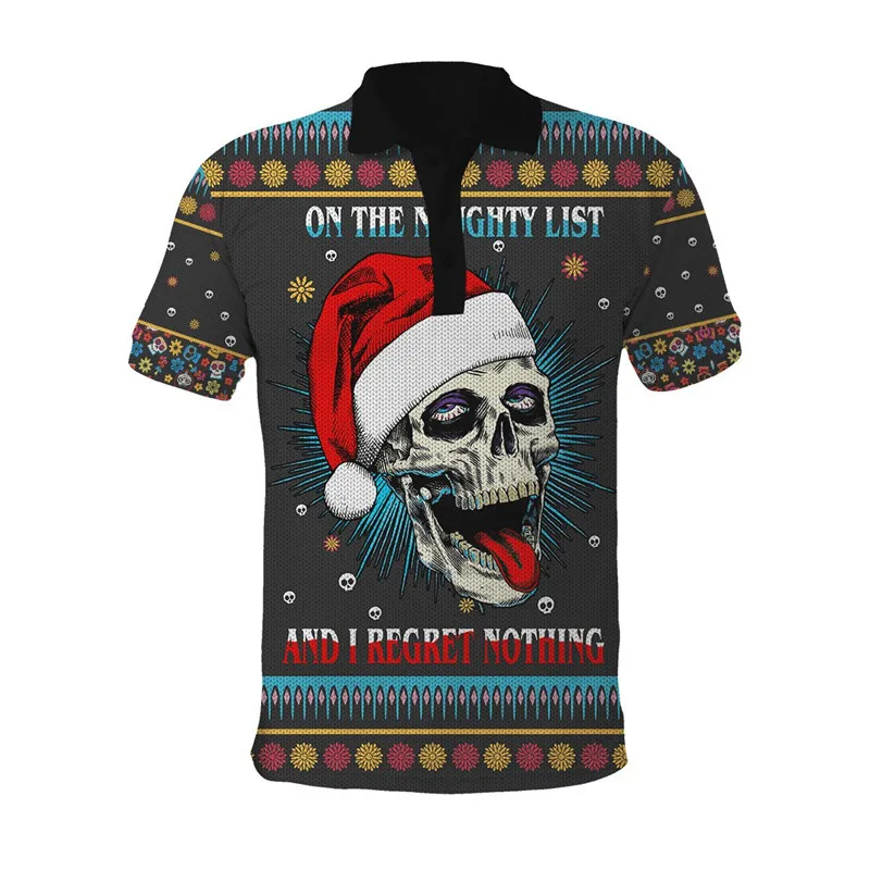 Fashion Merry Christmas Funny Santa Claus Skull 3D Full body Print Men's Polo Shirt Casual Polo Collar Short Sleeve Shirt