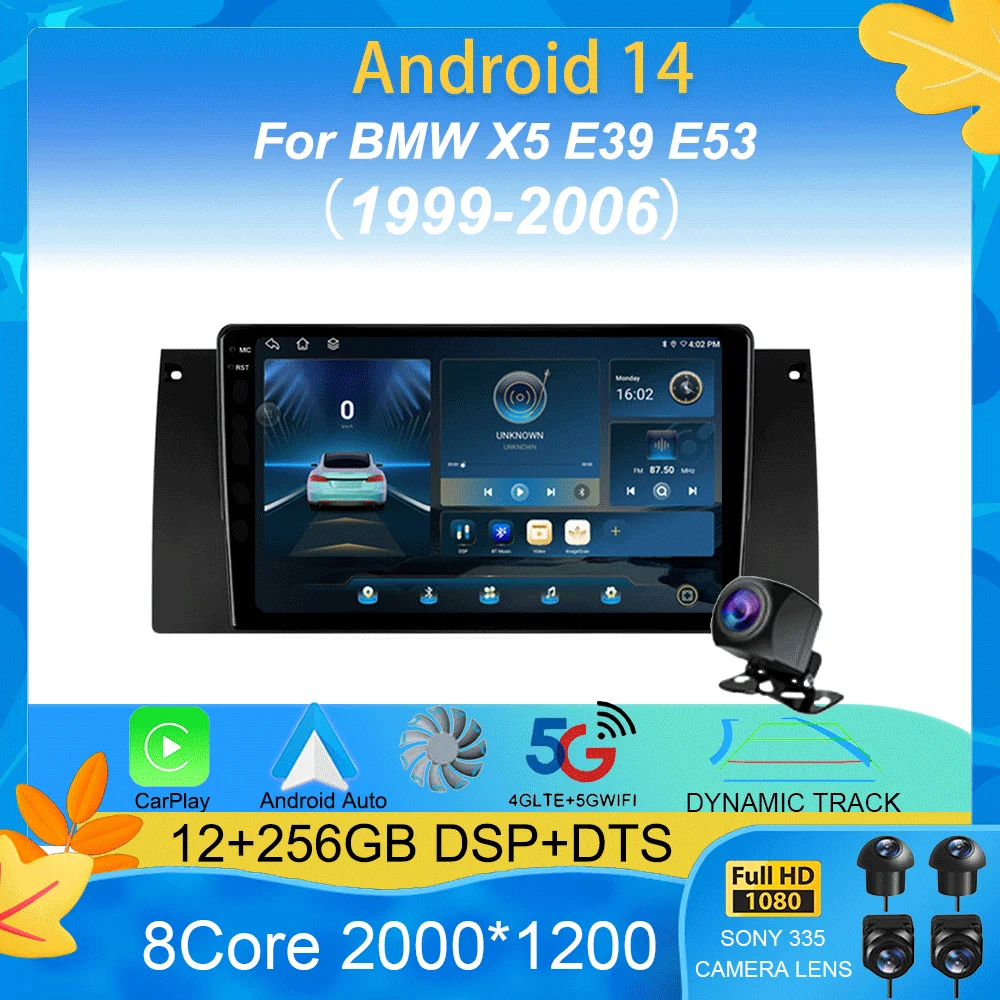 Фото Автомобильный радиоприемник Android 14 для BMW X5 E39 E53 1999 2000-2006 Carplay Автоматическая навигация Видео DSP 360 Камера Головное устройство BT Стереоплеер №1