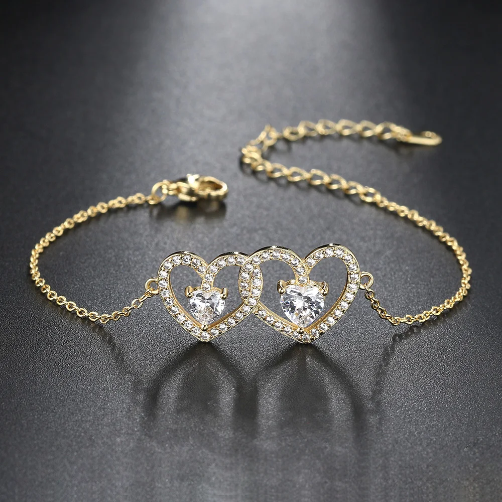 

Double Heart Bracelets for Women Trend New Fashion Zirconia Hand Chain Accessories Friend Gifts Gold Color Bangle Jewelry