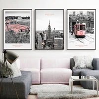 nordic style poster city building car wall art canvas painting yellow nostalgic train bike door picture living room home decor