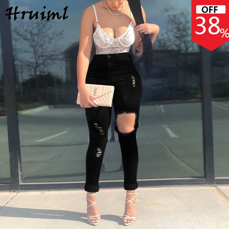 

Оптовая продажа, джинсовые штаны на молнии, узкие женские штаны с большими отверстиями, повседневные модные однотонные облегающие брюки, ли...