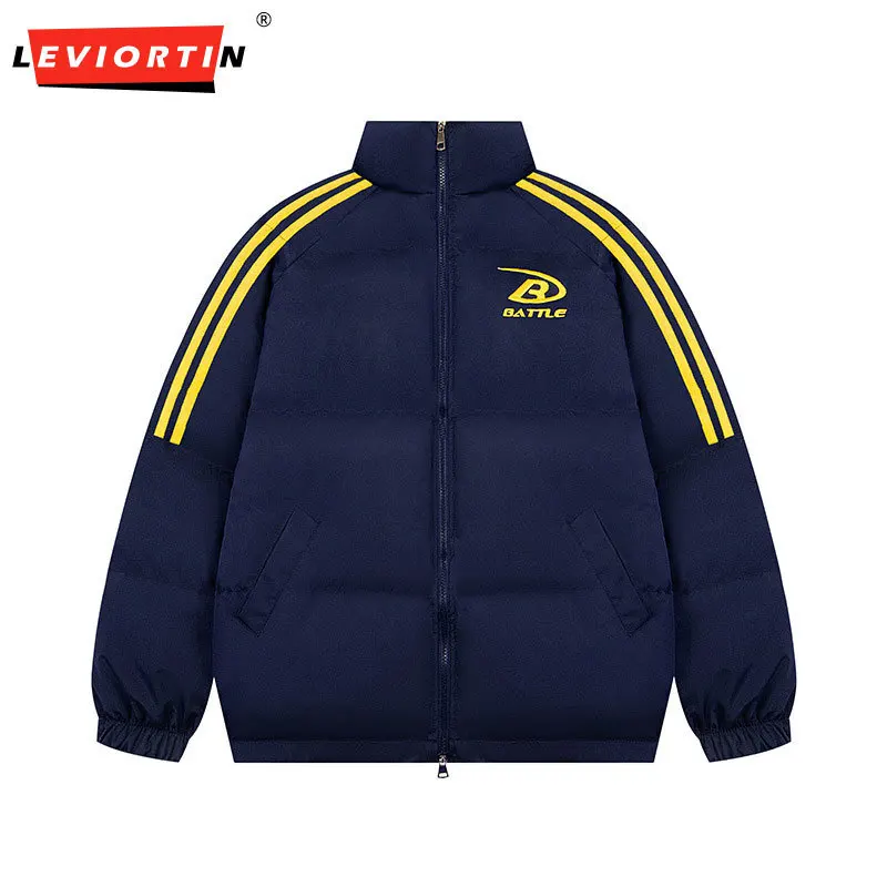 Autumn and Winter Thickened Couple Warm Bread Suit Fashion Brand Coat China-Chic American Stripe Ribbon Loose Cotton Men