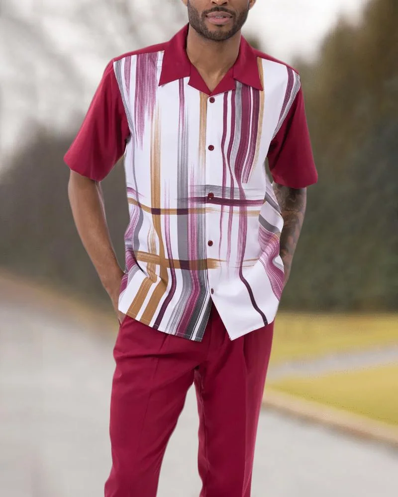 2023 men's short-sleeved shirt+suit pants two-piece street casual black printed lapel single-breasted shirt walking suit 4XL