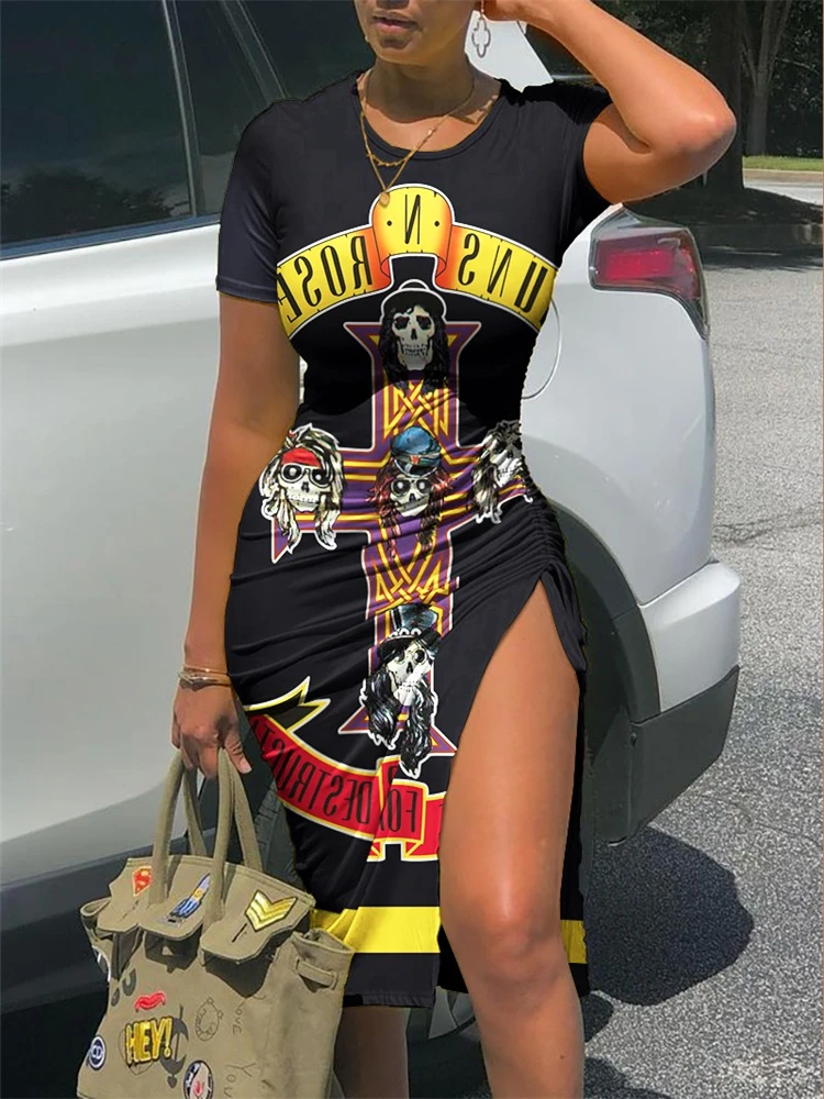 

Halloween Skull Print Drawstring Ruched Slit Bodycon Dress