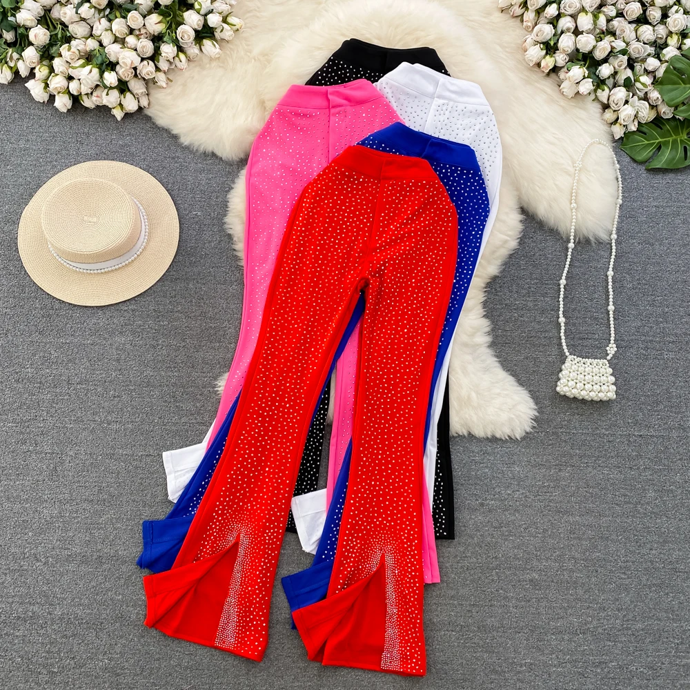 Women Glitter Rhinestone Slit Pants Red Black Wide Leg High Waist Korean Fashion Slim Trousers Elegant Casual Summer Streetwear