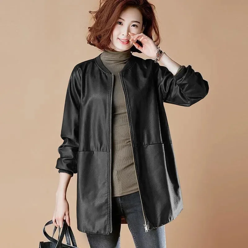 Medium and Long Leather Jacket Women's Autumn and Winter 2022  Loose Pu Baseball Jacket Leather Jacket Loose Lady's Coats