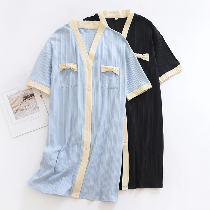 

Summer Knitted Cotton Pajamas Cute Ladies Sleepwear Female Short-Sleeved Nightdress Pijama Suit Loungewear Homewear Skirt Pyjama