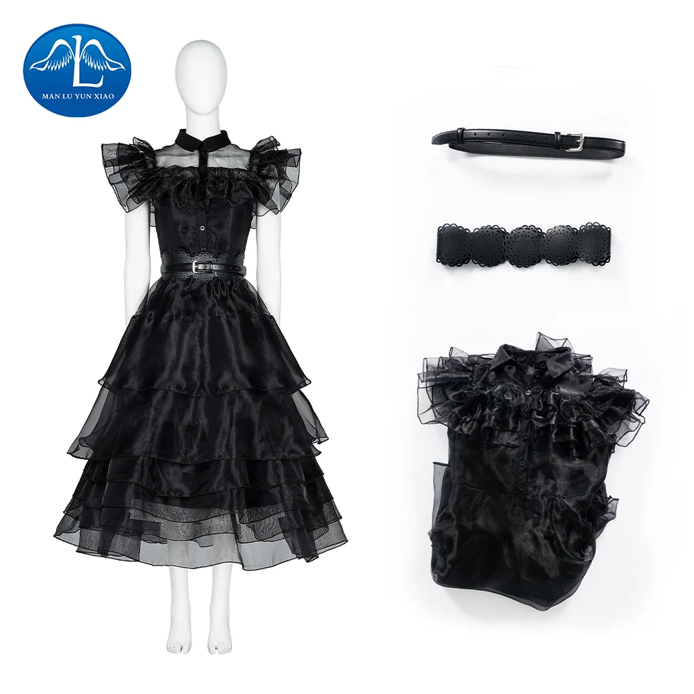 

Wednesday Addams Family Girls Cosplay Costume Addams Black Printing Dress Vintage Gothic Suits Outfits Halloween Cosplay Dance D