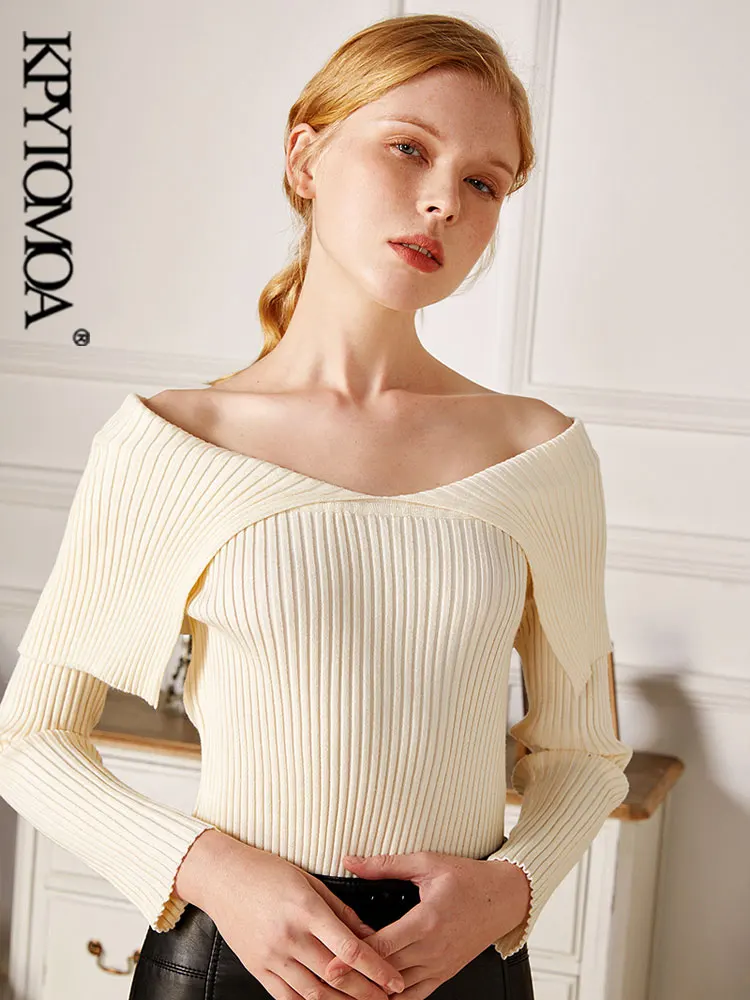 

Женский трикотажный свитер с открытыми плечами и V-образным вырезом