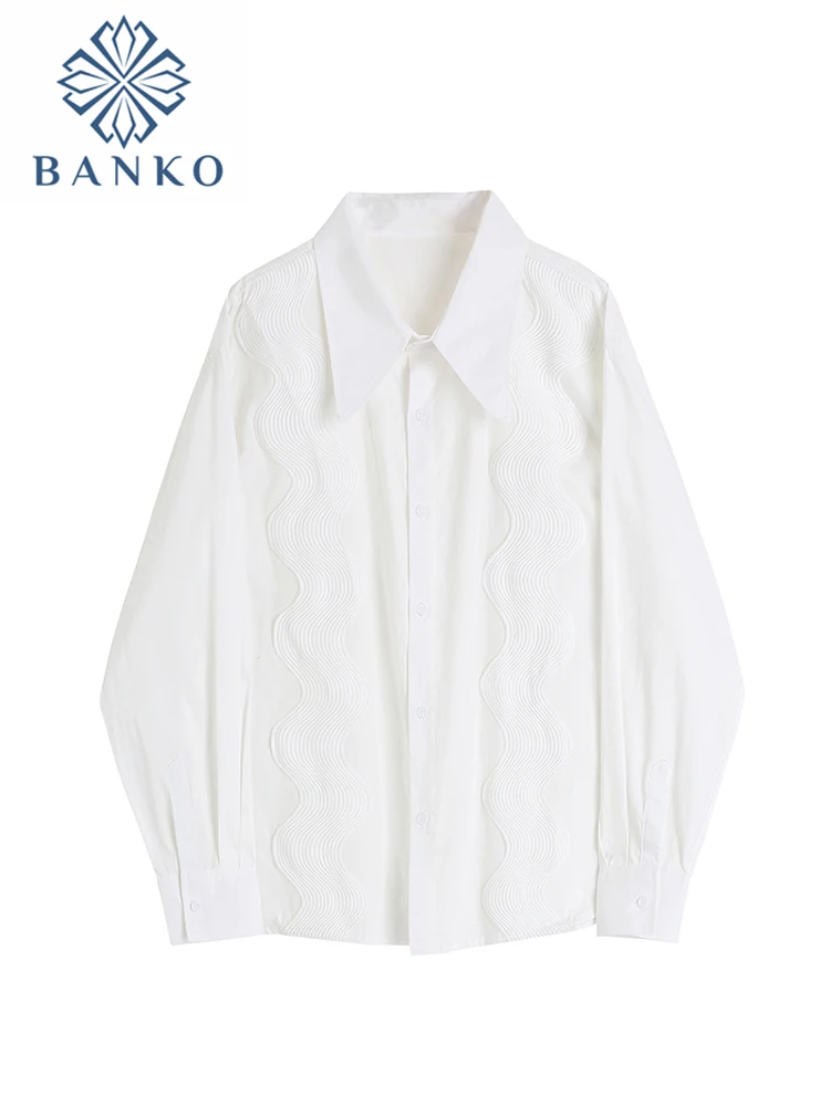 2022 Spring Autumn Women Shirts White Patchwork Wavy Pattern Loose Oversized Female Tops Loose Korean Style Office Lady Blusas