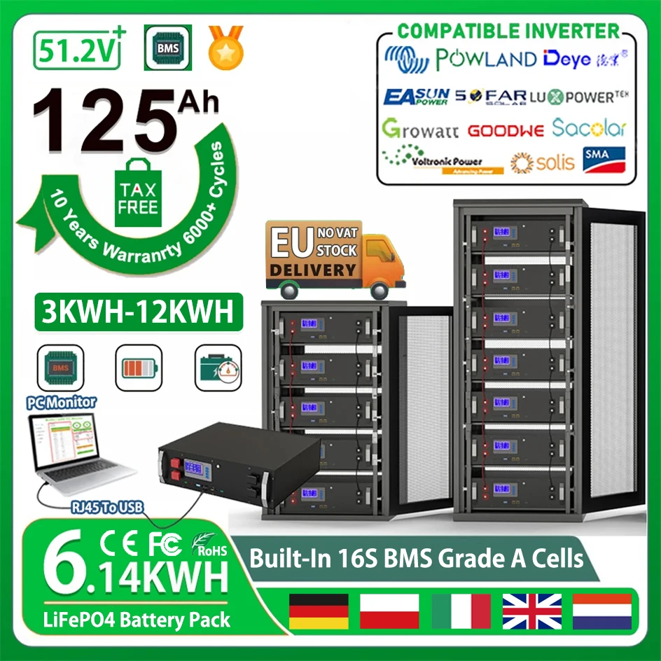 LiFePO4-Paquete de batería de 48V, 120AH, ciclo 6000, 6,14 kWh, 16S, Smart BMS, RS485, CAN PC Monitor, 51,2 V, 100Ah, 200Ah, 10 años de garantía, sin impuestos de la UE