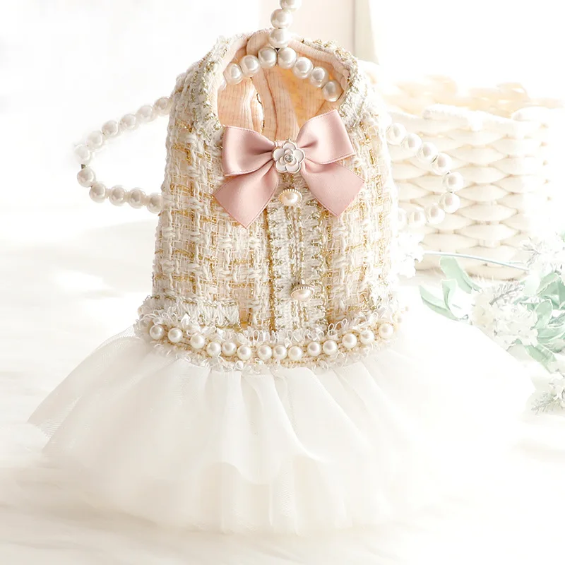 

Luxury Plaid Pink Pearl Pet Dog Puffy Dress Bowknot Elegant Wedding Princess Dress Skirt Pullover Teddy Chihuahua Accessories