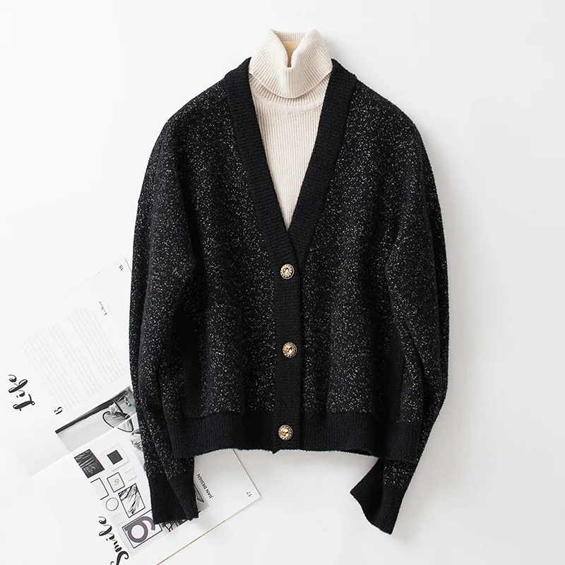 New High-quality V-neck Short Women Knit Sweater Fashion Trend Solid Color Jacket