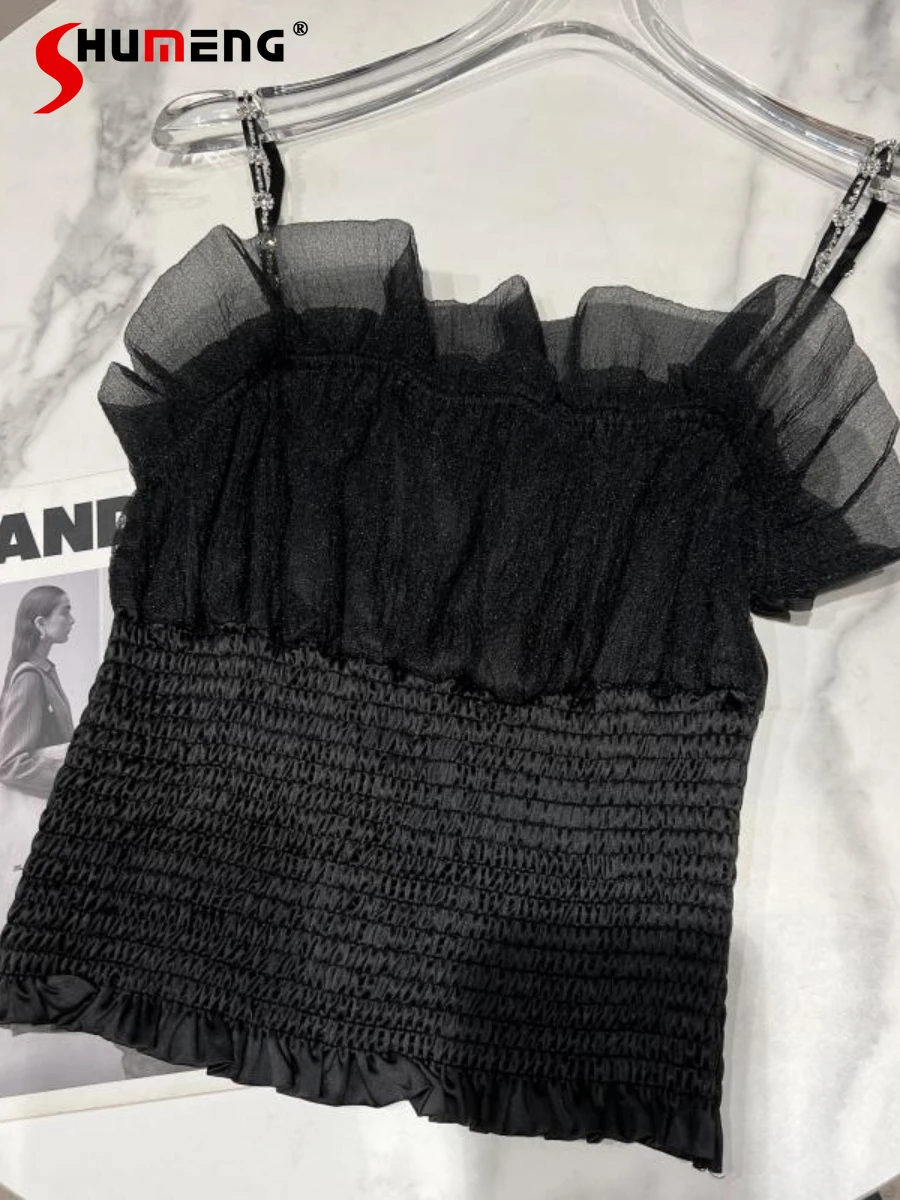 

2022 Summer New Mesh Pleated Vest Camisole Women's Adjustable Rhinestone Off-Shoulder Strap Tank Top Black Vest Crop Tops Female