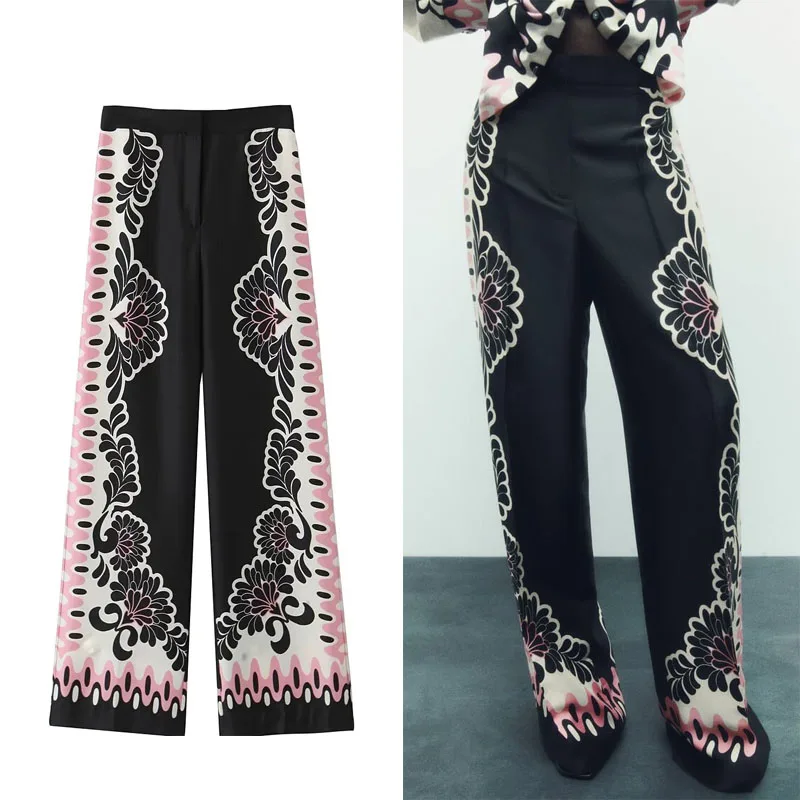 

Брюки TRAF женские с цветочным принтом, винтажные брюки с завышенной талией и широкими штанинами, повседневные штаны и рубашка с принтом в этническом стиле