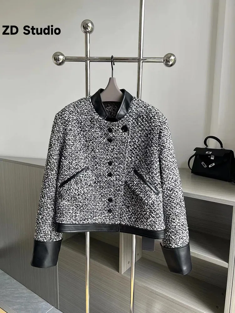 

Новинка 2023, женское черное короткое пальто [ZD Studio] с круглым вырезом и длинным рукавом, универсальный облегающий топ на осень