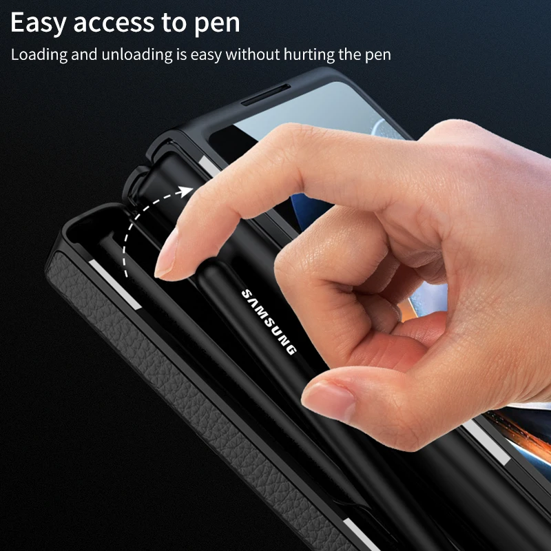 Magnetic Hinge Pen Box Case For Samsung Galaxy Z Fold4 Fold 4 Case Luxury Leather Hard PC Cover with Kickstand For Fold4 Cases