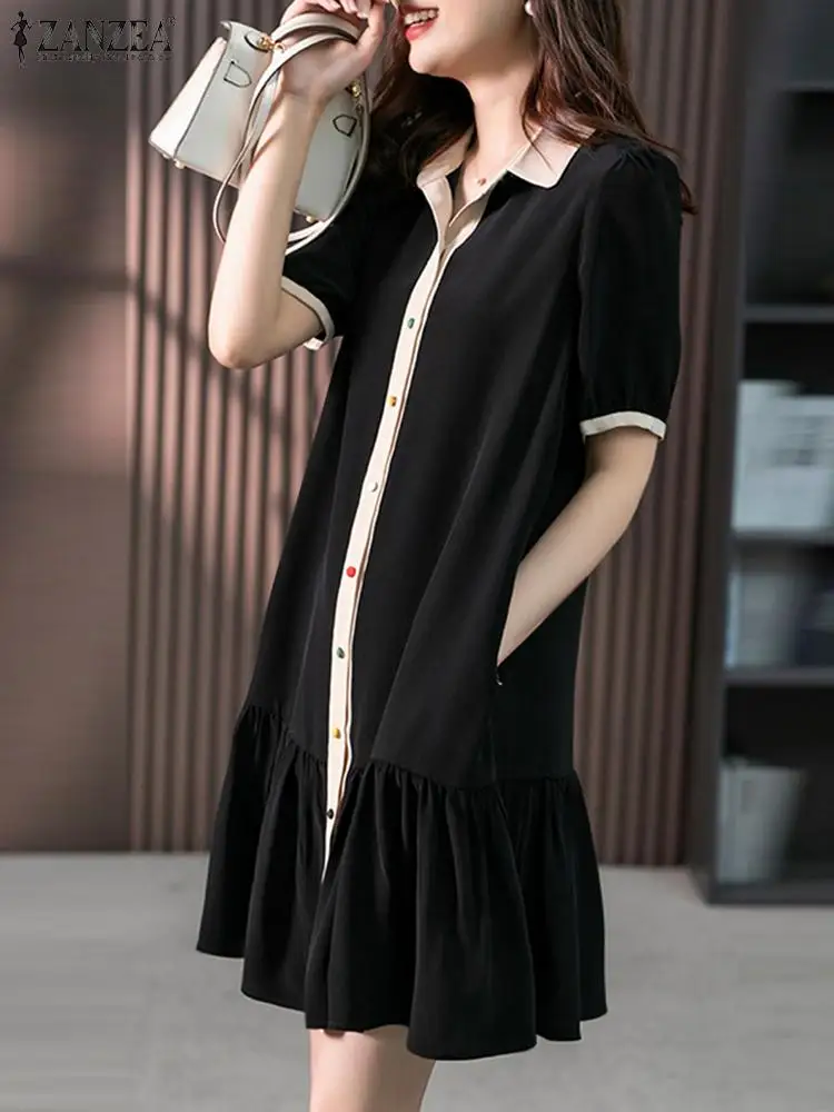 

Сарафан ZANZEA Женский на пуговицах, модное винтажное миди-платье оверсайз с цветными пуговицами, с отложным воротником и коротким рукавом, контрастная строчка