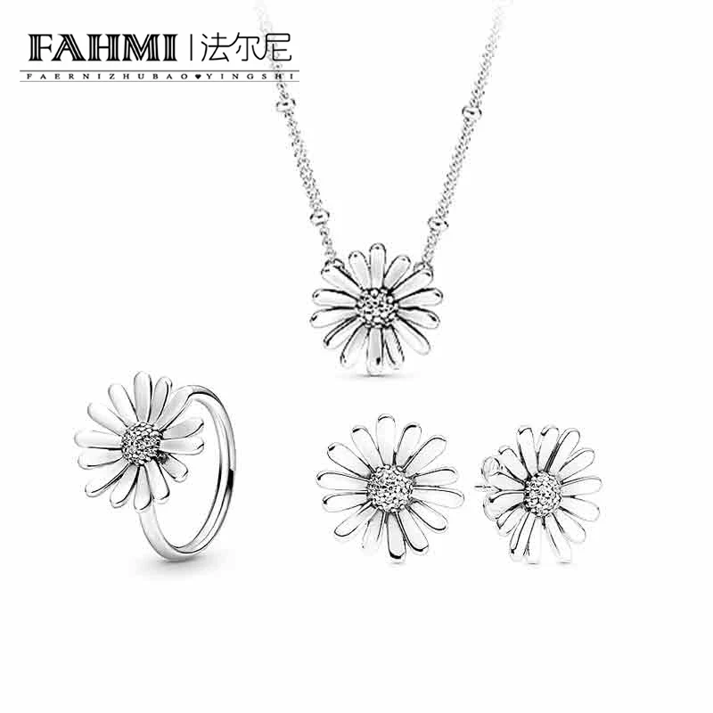 

High-Quality S925 Sterling Silver Daisy Stud Earrings Necklace Ring Set Fashion Aesthetic Flowers Sweet Gifts For Girlfriends