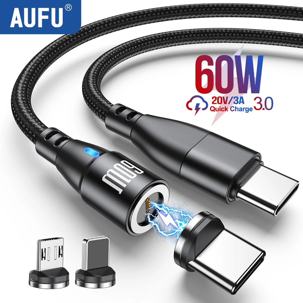

AUFU Magnetic USB Type C Cable 60W/3A PD Fast Charging Charger Wire Cord For Macbook Xiaomi Samsung iPhone POCO USB C Cable 2M