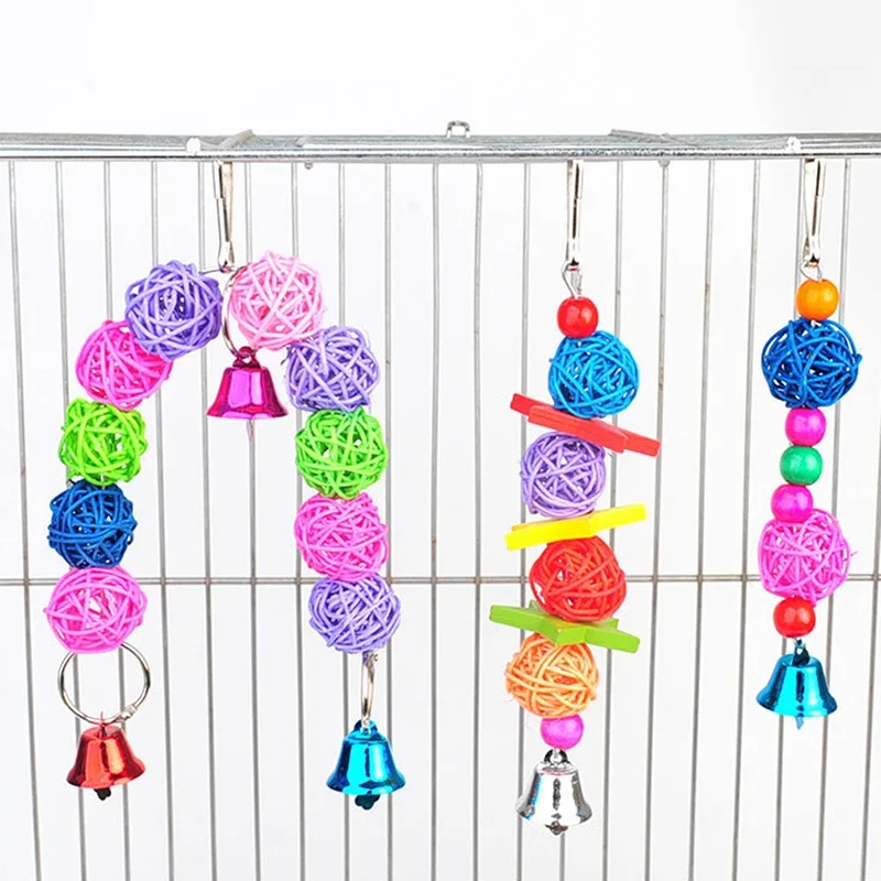

Parrot Rattan Toys Bird Supplies Hanging Cage Bird Toys Beads Bell String Hand Woven Bite Chew Toy Ball Pet Accessories Dropship