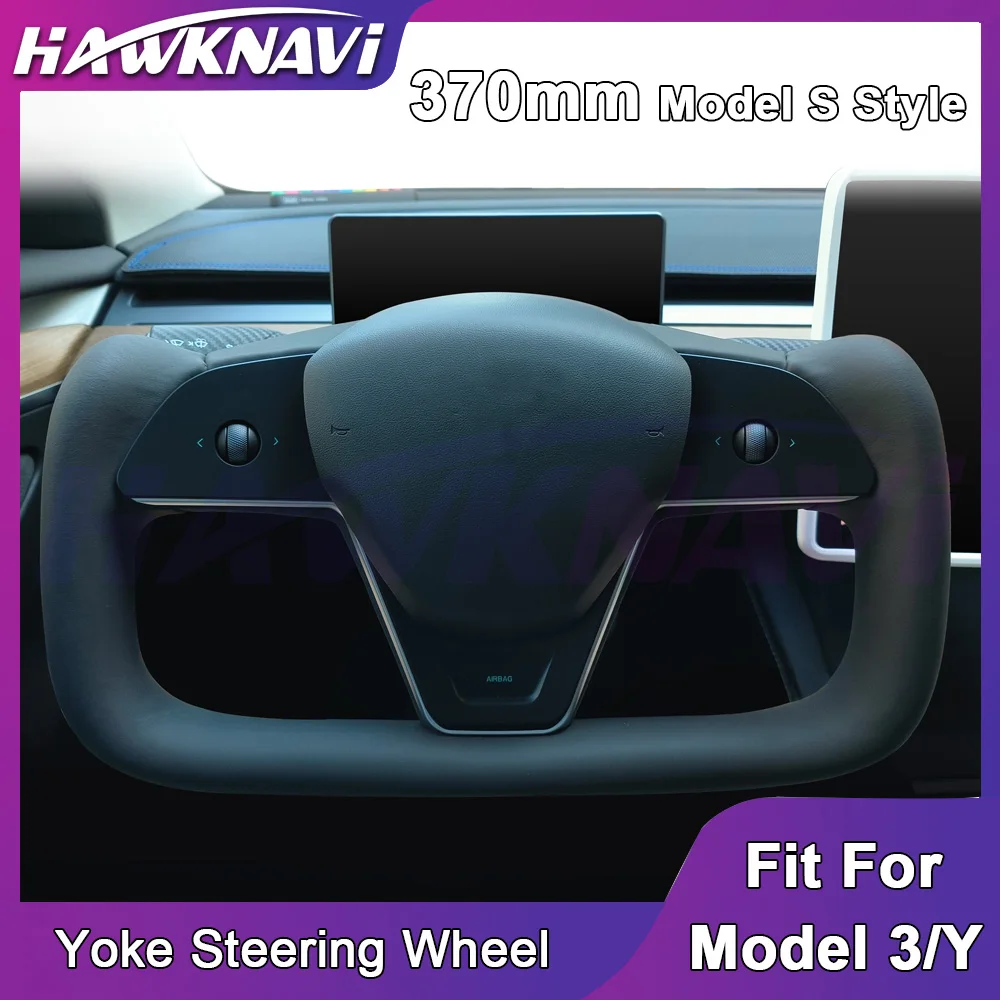 

Hawknavi 370MM New Yoke Steering Wheel for Tesla Model Y/3 2023-2017 Heat Leather Steering Wheel for Tesla Model 3 Y Accessories