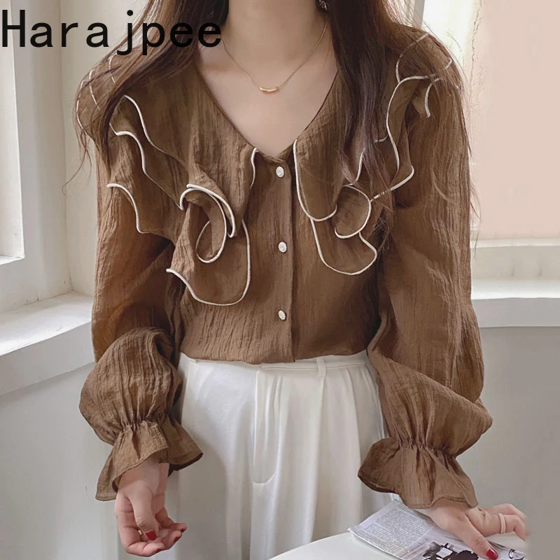 

Harajpee Women Shirt Ruffled Doll Collar Single Breasted Korean Chic Simple Loose Flare Sleeve Elegant 2022 Spring New Tops
