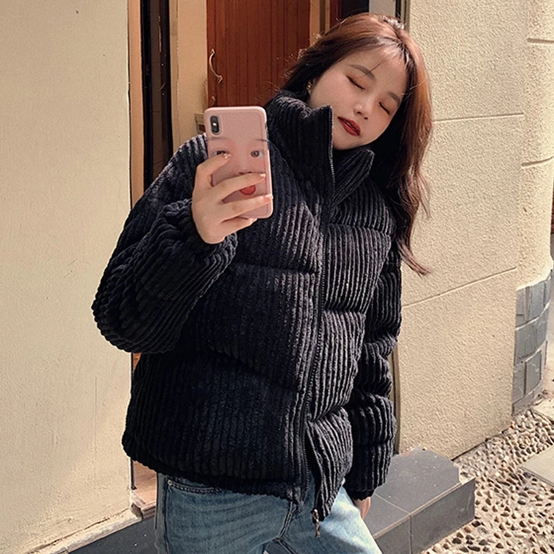 Trendy Winter Thick Corduroy Coat Women Korean Style Stand Collar Warm Cotton-Padded Jacket Female Zip Up Short Parkas