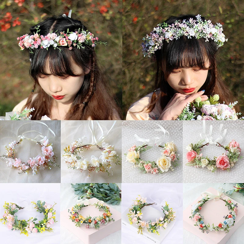 

Flower Headband Spring Bohemian Flower Crowns Floral Garland Faux Rose Wedding Wreaths Braided Hair Vine Headpiece Hair Ornament