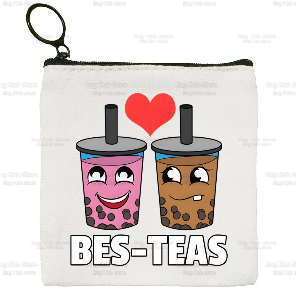 Boba Milk Tea Mini Coin Purse Canvas  Cartoon Cute Student Wallet Bubble Tea Cute Coin Case Zipper Hand Female Key Case
