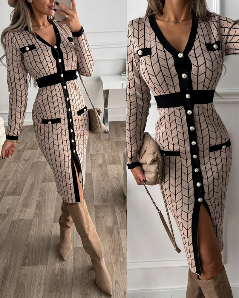 

Midi Dress Women Fall 2021 New Long Sleeve V Neck Button Up Fitted Office Lady Dress