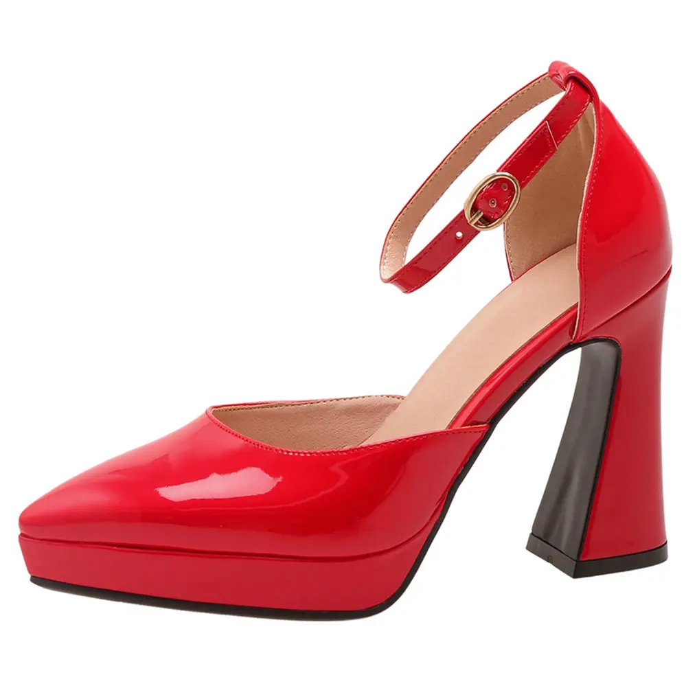 Eokkar 2022 Black Patent Leather Pointed Toe Ankle Strap Pumps Block High Heel Pumps White Dorsay High Heels Sexy Wedding Pumps