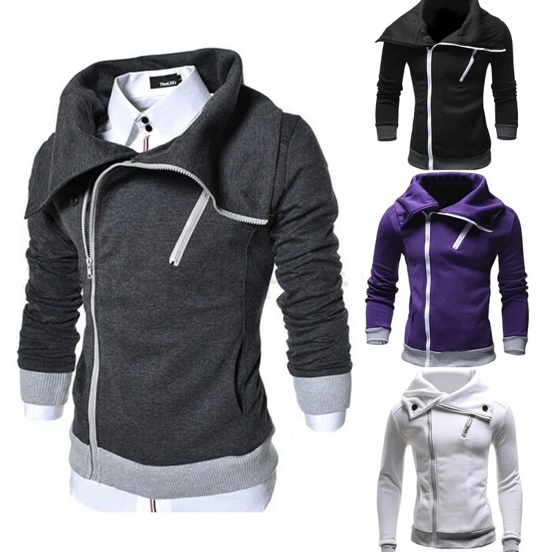 

ZOGAA Men's Fashion Diagonal Zipper Pullover Hooded Color Matching Sweater Casual Jacket