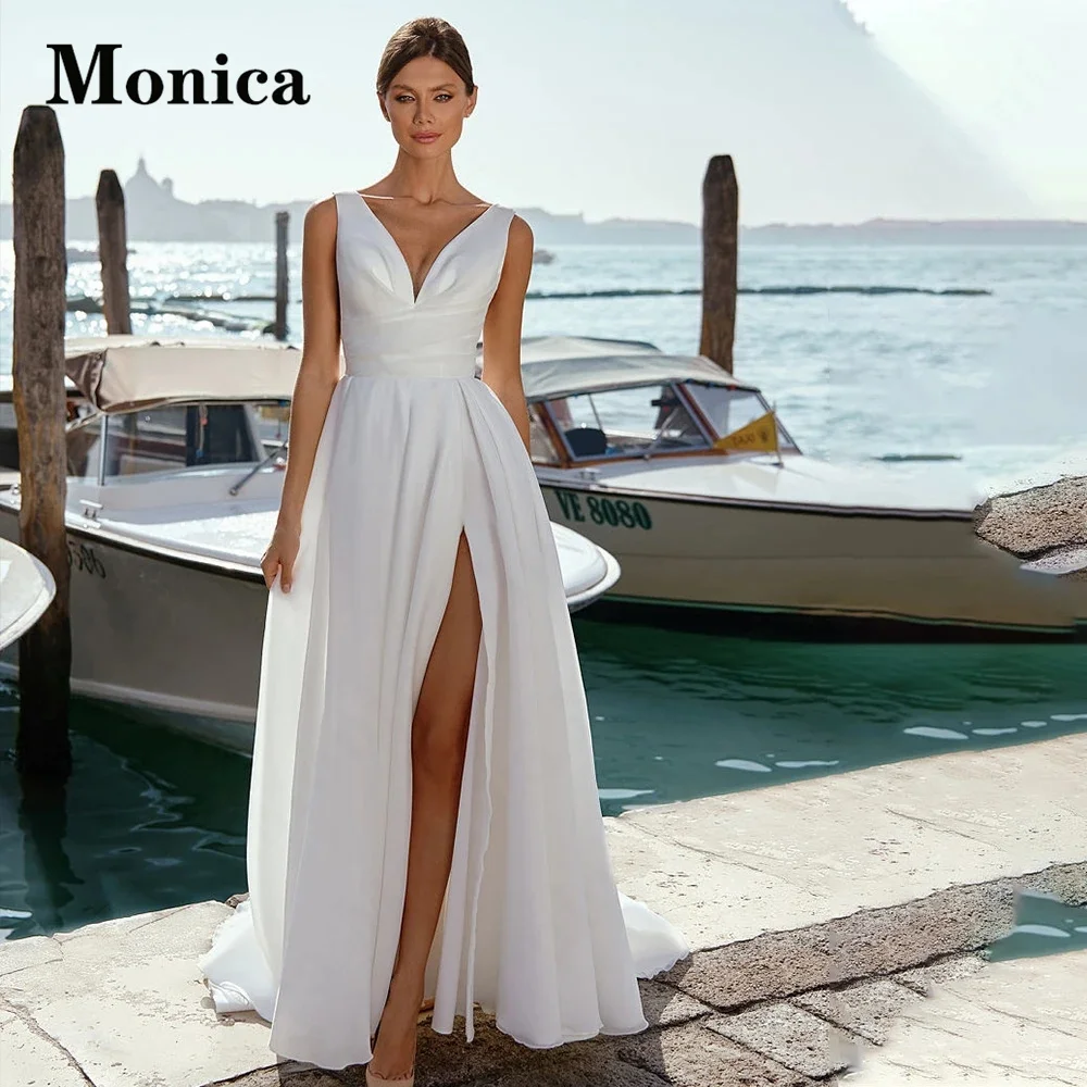 

MONICA Sleeveless Tank Wedding Dresses For Women 2023 Bride Slit Satin V-Neck Zipper A-Line Backless Court Train Robe De Mariée