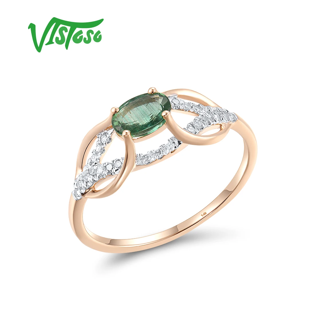 

VISTOSO Genuine 14K 585 Rose Gold Solitaire Ring For Women Sparkling Diamond Emerald Delicate Gorgeous Fine Fashion Jewelry