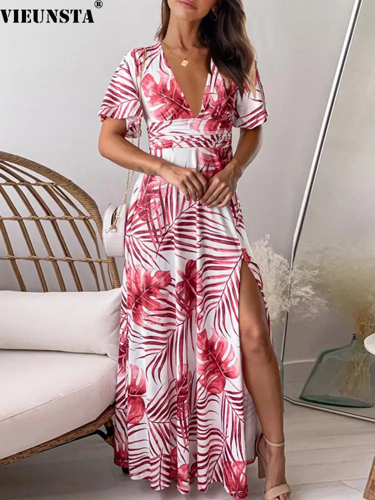 

Boho Sexy V Neck Floral Print Slit Dress Women Spring Draped Pleated Long Party Dress New Summer Short Sleeve Maxi Beach Dresses
