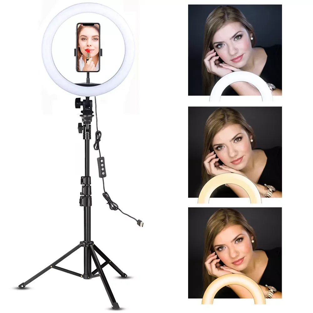 

LED Ring Light 10-inch with Tripod Stand Selfie Ringlight Video Photpgraphy Lamp for Youtube Makeup Video Live Lighting Shooting