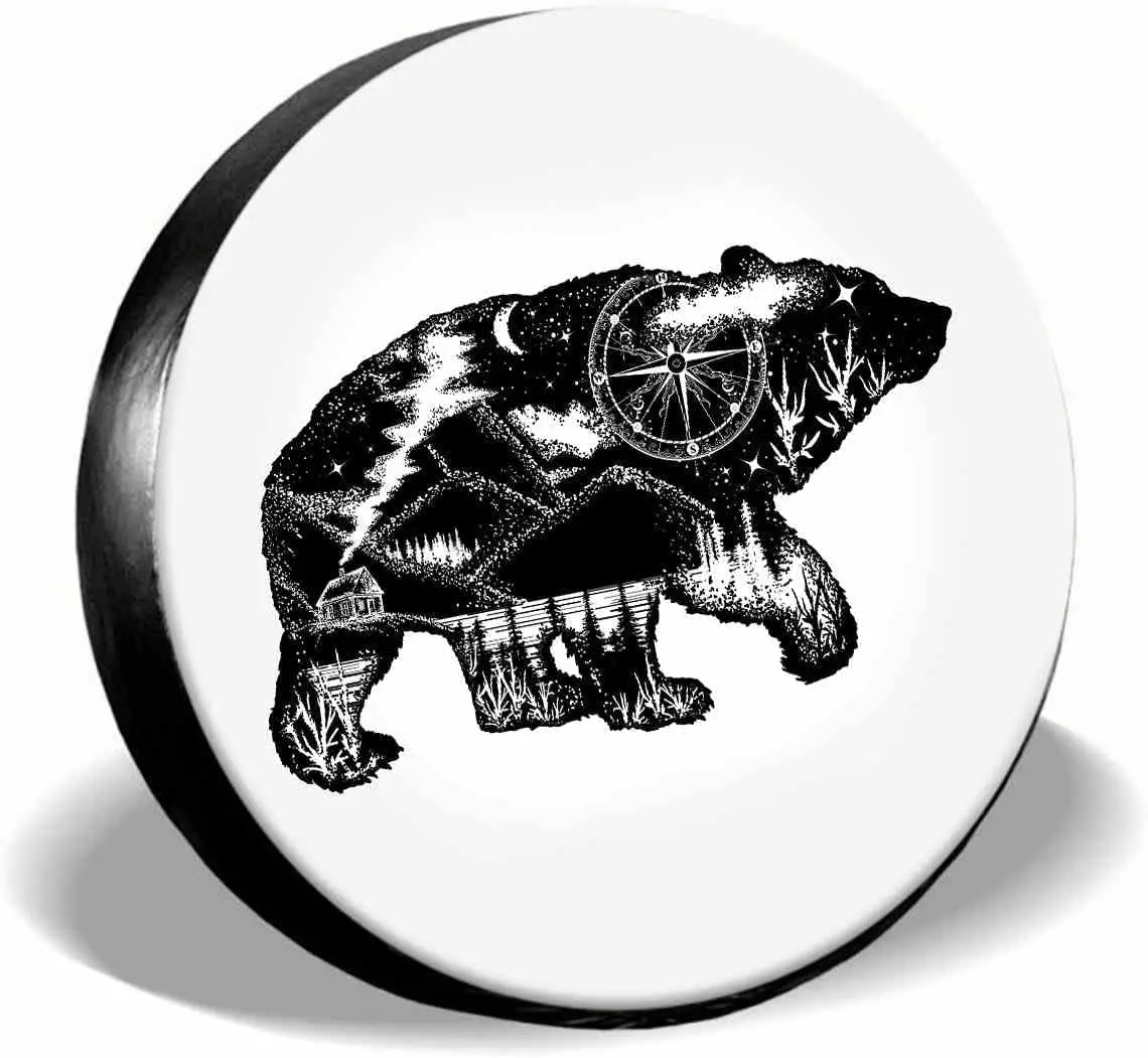 

Grizzly Bear Compass Night Sky Mountain Spare Tire Cover,UV Sun Protectors Wheel Cover Animal White Tire Cover Universal Fit
