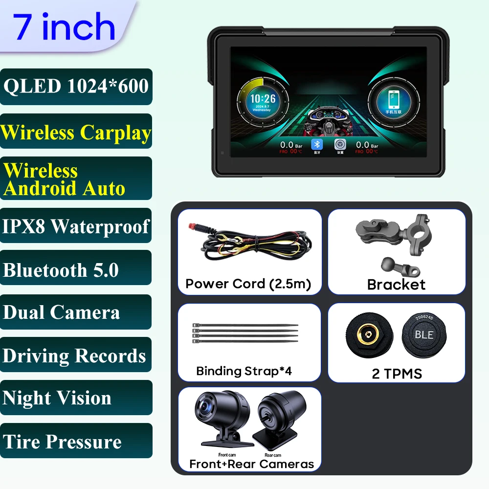 

Мотоциклетный навигационный экран, беспроводной CarPlay Android Auto, мотоциклетный GPS-монитор, TPMS, моторный усилитель, скорость DVR, опционально