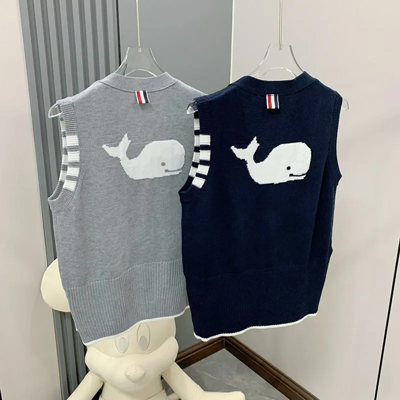 

High Quality Korean Fashion TB Back Whale Jacquard 2023 Wool Knitted Cardigan Outer Vest Women's Sleeveless Top