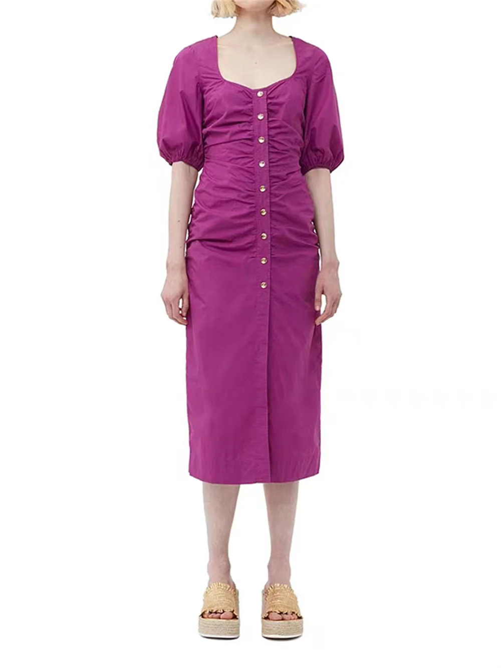 

Женское длинное платье с квадратным вырезом, плиссированное элегантное привлекательное однобортное платье с пышными рукавами, приталенное платье, Новинка лета 2023