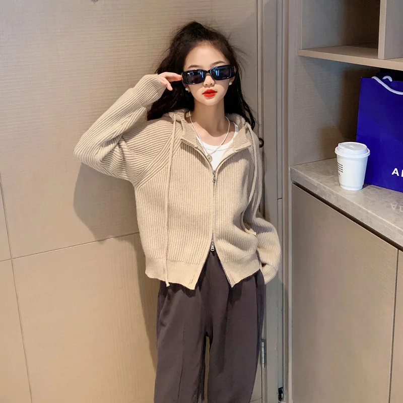 

Girls Casual Sweater Hooded Knitted Coat Autumn Teenage Children's Zipper Cardigan Fashion All-match 13 14 Years Kids Outerwear
