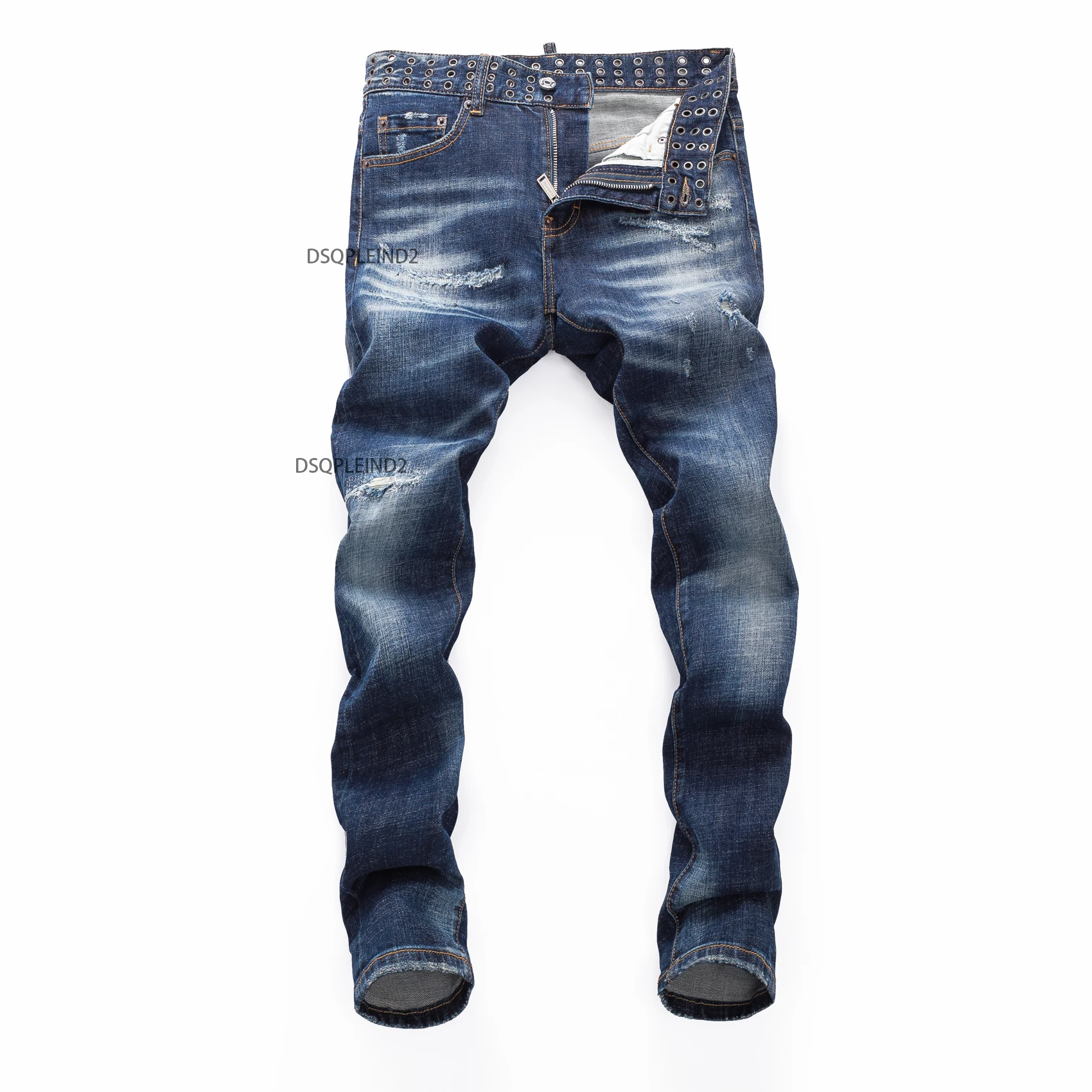 

23SS New Jeans For Man Denim Pants Long Trousers Hole Coolguy Blue Washed Zipper Button Belt Cotton Stright Designer Top Quality