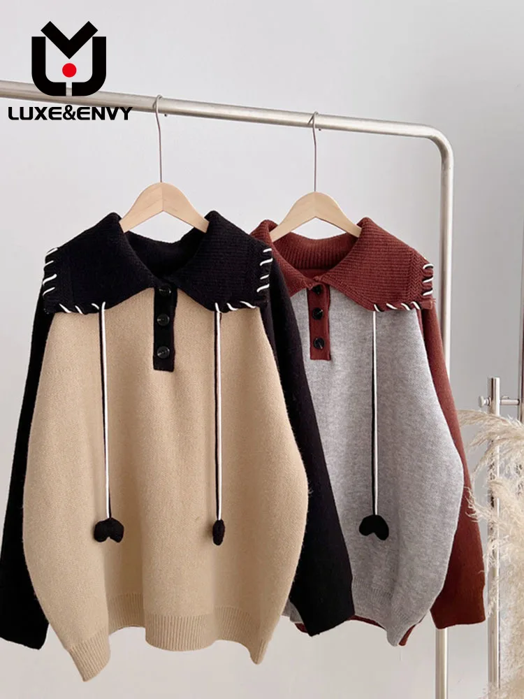 

LUXE&ENVY Design Sense Drawstring Contrast Color Lazy Sweater Women New Korean Loose Knitwear Trend