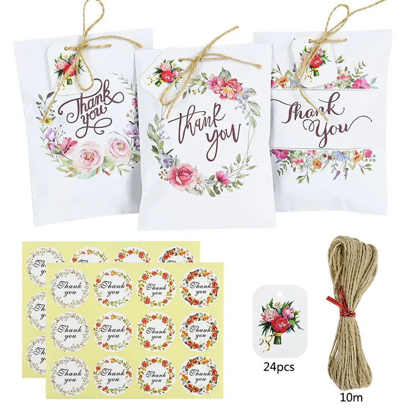 

24Sets White Paper Bag Thank You Candy Cookie Pouch With Stickers Wedding Favor Bags Bridal Shower Party Gift Wrapping Supplies