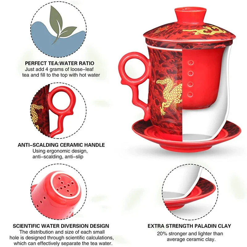 Chinese Dragon Pattern Tea-Mug with Strainer Infuser and Lid Saucer Ceramic Tea Mug Convenient Porcelain Personal Cup