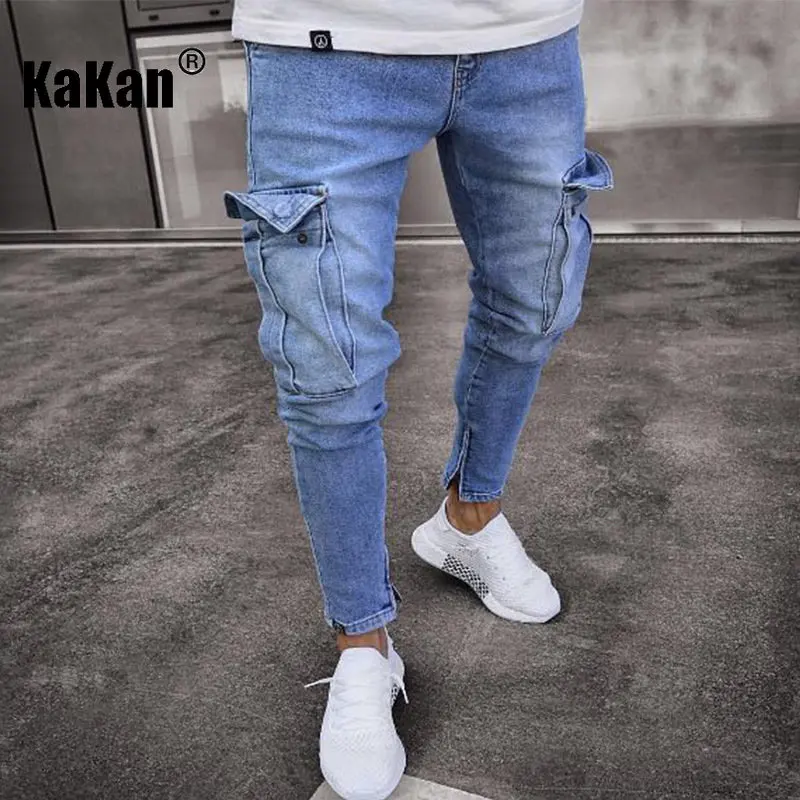 Kakan - European and American Trend Knee Pierced Jeans for Men, Zippered Slim Fit Small Leg Long Jeans K40-806